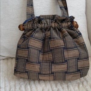 Vintage Boho Tapestry Handmade Artisanal Bucket Bag purse Wood Beads Cottagecore